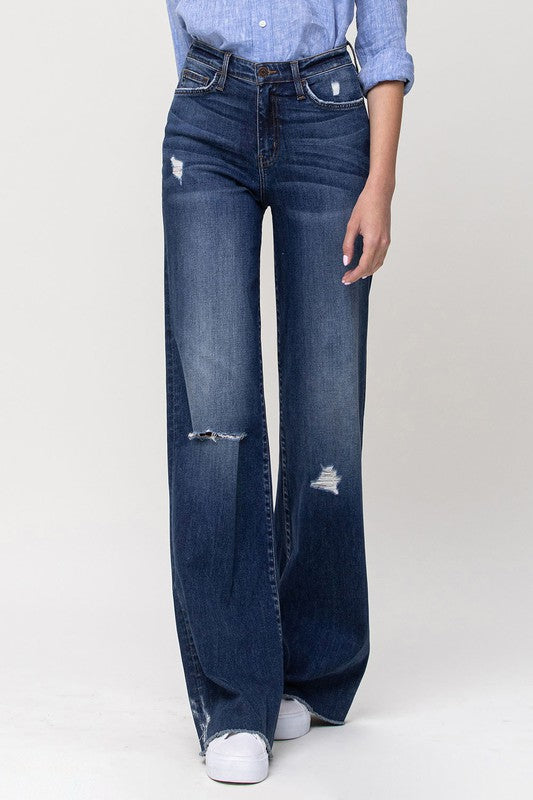 High Rise Distressed Wide Leg Jeans