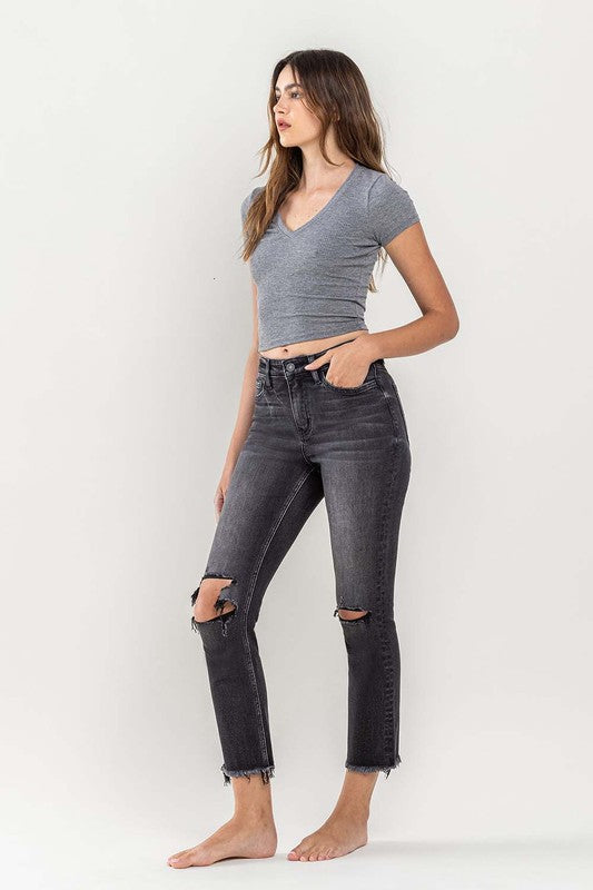 High Rise Stretch Distressed Crop Slim Straight