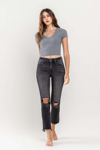 High Rise Stretch Distressed Crop Slim Straight